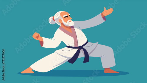 An elderly individual practicing jujitsu utilizing techniques that focus on leverage and technique rather than brute strength.