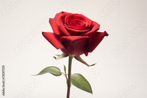 Single red rose isolated on white background. Vibrant red rose on a solid white background.