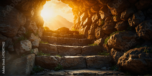 The Resurrection of Jesus in the Bible. Sunlight streaming into a gaping stone cave. Conceptual Religious Art, Symbolic Imagery, Spiritual Interpretation, Visual Metaphors, Bible. photo