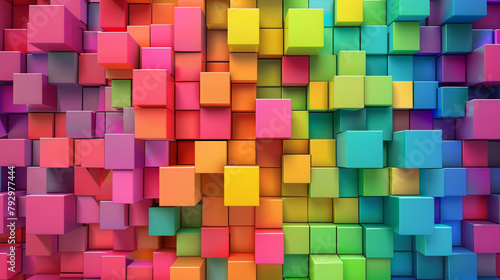 A colorful wall made of blocks with a rainbow pattern. The block arranged in an artistic pattern. Top view.  