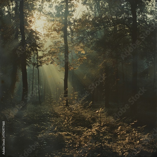 Mystical forest with sunlight filtering through trees  highlighting autumn leaves
