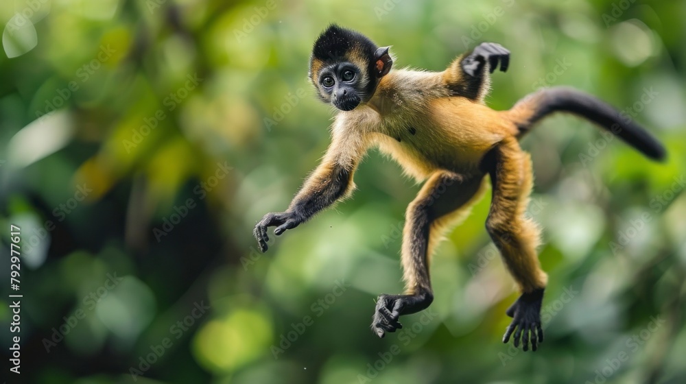 Obraz premium cute bow jumping from a tree in the jungle with blurred background in high resolution and high quality. concept animals, jungle, monkey