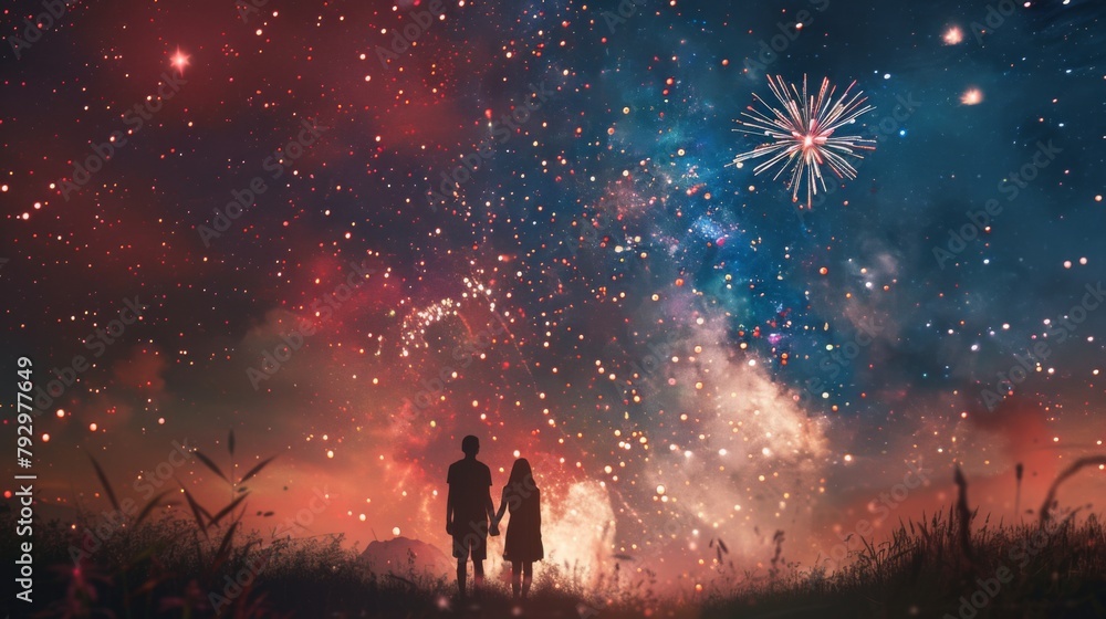 A romantic moment as a couple watches fireworks while holding hands under the stars