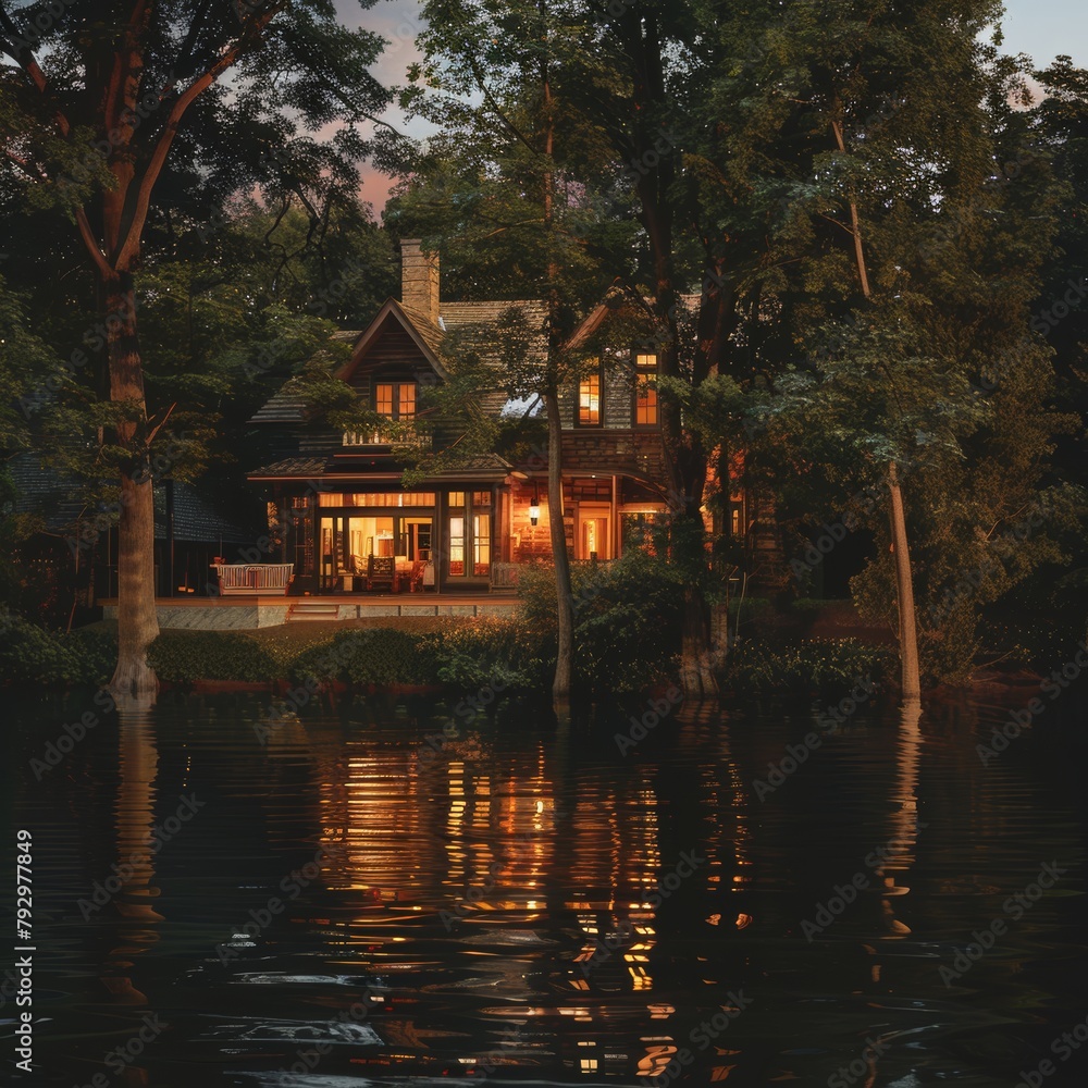 Serene lakeside cabin during a tranquil sunset, surrounded by trees and reflecting water