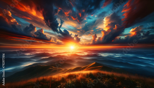 Ethereal Light: Dramatic Cloudscape and Dawn Light Over Mountains