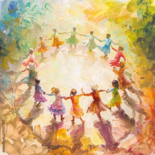 A colorful work of art showing children from all over the world dancing exuberantly symbolizes unity and joy on International Children's Day.
