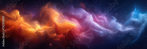 Dark background, colorful smoke and flame patterns on the left side of an abstract illustration. The colors include orange, reds, purples. Created with Ai