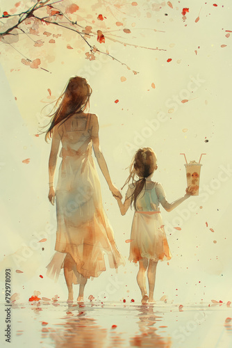 A delicate watercolor painting depicting a mother and her child walking hand in hand, surrounded by a swirl of falling flowers.