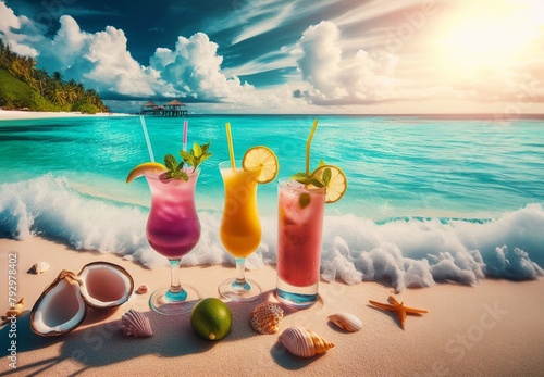  Summer beach cocktails, beautiful scenery generative ai art