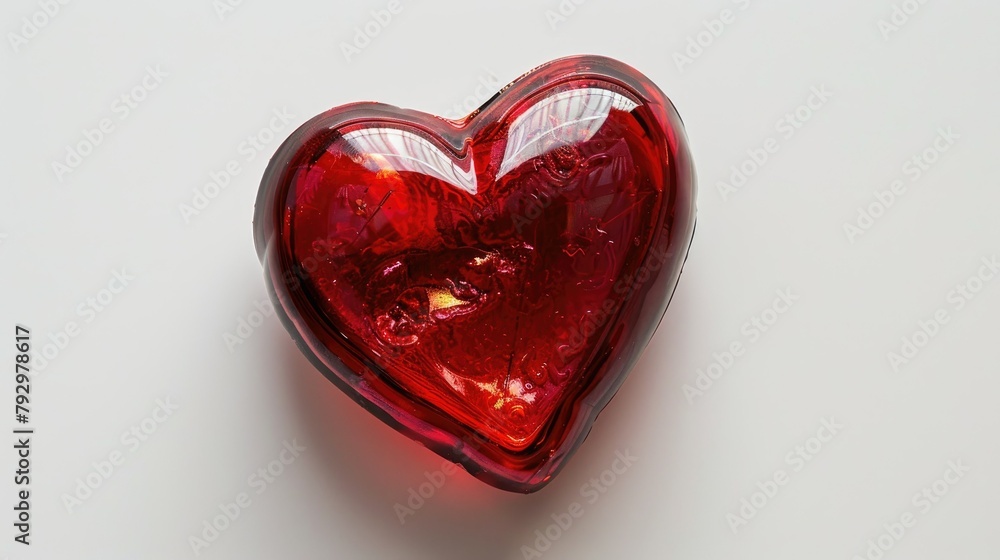 From a top down perspective behold a vibrant red heart symbol in isolating contrast against a crisp white backdrop From a top down perspective behold a vibrant red heart symbol in isolating contrast against a crisp white backdrop