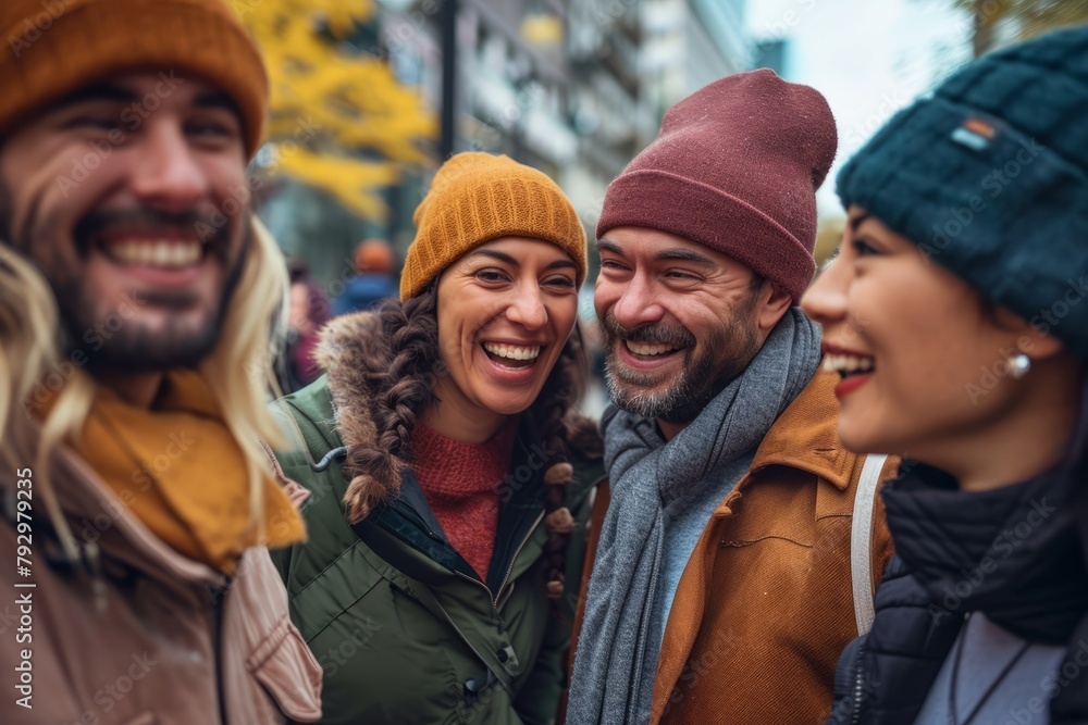 Group of friends having fun in the city. Cheerful men and women laughing and looking at each other. Group of friends having fun in the city. Cheerful men and women laughing and looking at each other.