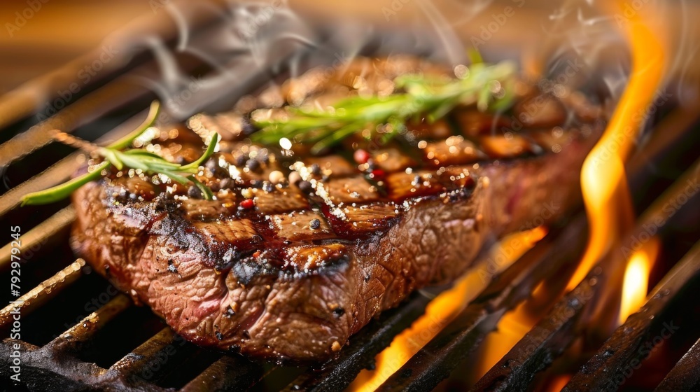 A sizzling steak fresh off the grill, adorned with grill marks and juicy perfection A sizzling steak fresh off the grill, adorned with grill marks and juicy perfection
