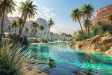 Sun-drenched desert oasis with swaying palm trees and clear blue water.