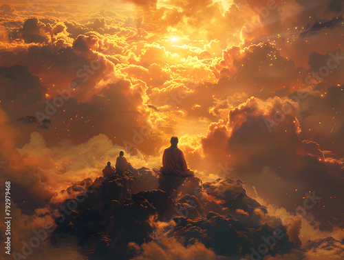 buddha sitting on a cloud, with a halo behind him. The background is a golden, cloudy sky with a sun in the middle.