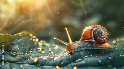 A snail slowly making its way across a leaf, leaving behind a glistening trail of mucus