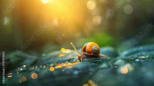 A snail slowly making its way across a leaf, leaving behind a glistening trail of mucus