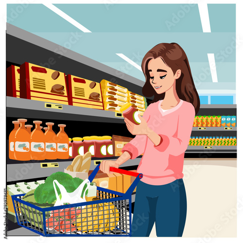 Young woman with shopping cart, containing vegetables, bread, watermelon and banana, looking at food product label in supermarket, background with shelves