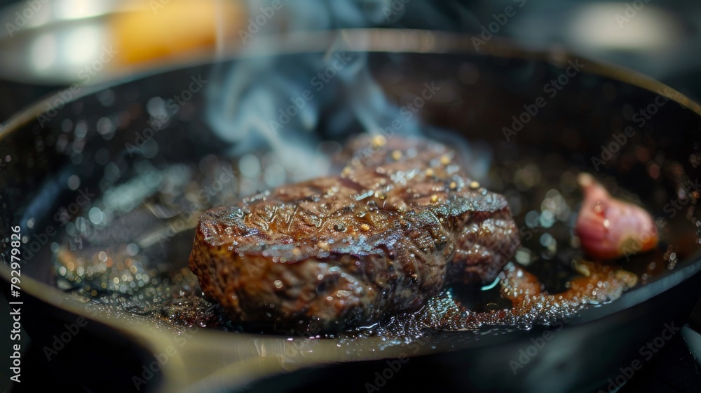 A steak being seared to perfection in a sizzling hot cast iron skillet A steak being seared to perfection in a sizzling hot cast iron skillet