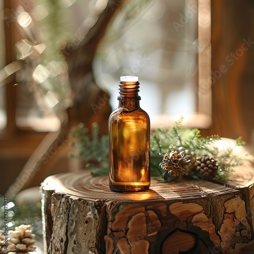 Wallpaper Mural A small brown bottle of essential oil sits on a cut log surrounded by pine cones. Torontodigital.ca