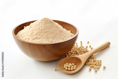 a bowl of soy flour and 1 spoon of soy on a white background