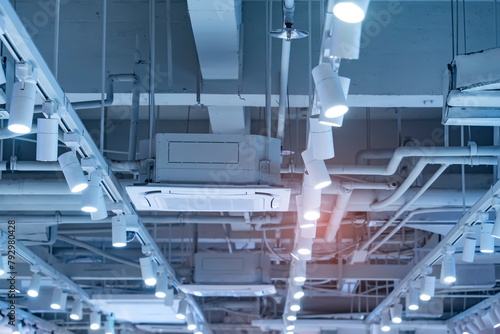Directional LED lights on rails under the ceiling in a modern warehouse, shopping center building, office or other commercial real estate object. photo