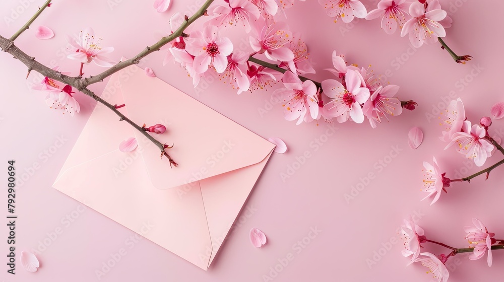 Designing a spring themed postcard featuring a blooming sakura branch against a soft pink backdrop complete with a matching envelope