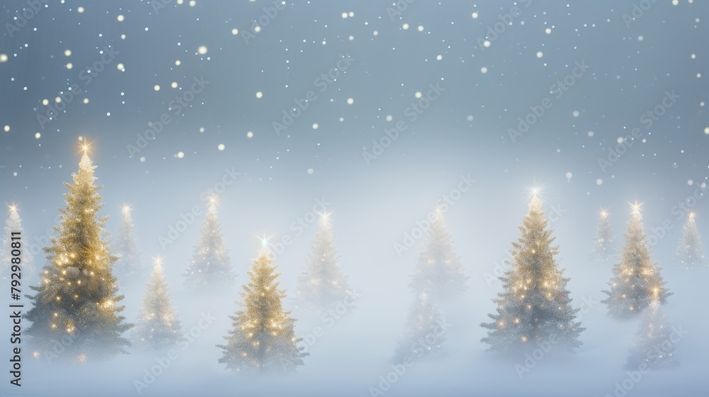 Enchanted forest scene with Christmas trees adorned with twinkling lights, captured in a mystical, foggy setting