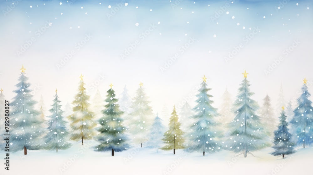 Enchanting watercolor scene of a forest with Christmas trees illuminated by gentle lights, depicted in a tranquil, wide format