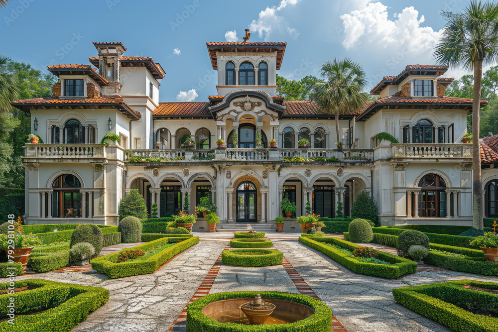 A beautiful Spanish colonial style mansion in Houston, Texas. The mansion was designed in the style of a Spanish colonial architect with stucco walls and terra cotta roof tiles. Created with Ai