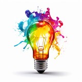 Light bulb creatively bursting with a rainbow of paint splashes, representing a fresh idea in brainstorming