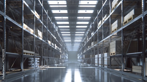 Linear arrangement of steel pallet racks in a warehouse, each shelf stocked with bulky crates under the intense glow of bright white overhead lights, emphasizing sharp shadows and strong lines photo