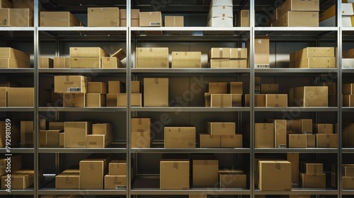 Metallic shelves laden with orderly brown cardboard boxes, reflecting a modern approach to inventory with a focus on neatness and accessibility