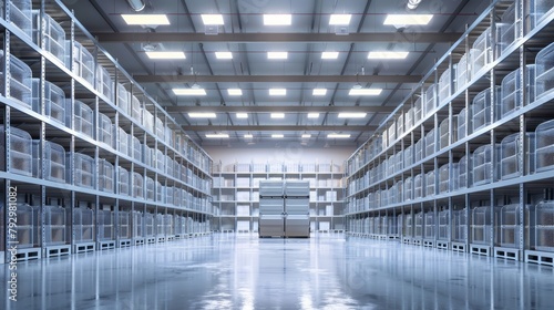 Neat rows of metallic pallet racks bearing the weight of large crates, bathed in brilliant white light that enhances the industrial vibe of the storage facility