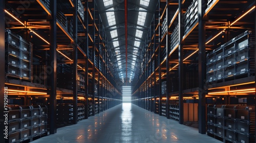 Perspective view down a corridor formed by steel pallet racks filled with heavy crates, under a ceiling fitted with bright white lights, creating a high-contrast industrial atmosphere