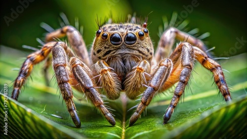 Jumping Spider on green leaf in nature.