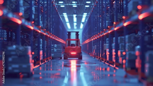 Vivid red forklifts navigating through deep navy-blue aisles, highlighting a bustling warehouse atmosphere with a sharp color contrast that enhances visual impact