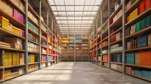 Vast warehouse interior bathed in gentle beige illumination, showcasing towering shelves lined densely with vibrantly colored boxes, evoking a sense of order and scale, ideal for logistic themes