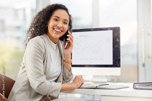 Office, phone call and woman at desk with computer screen, networking and financial management. Smartphone, accounting and happy consultant with advice, online invoice and payment collection agency