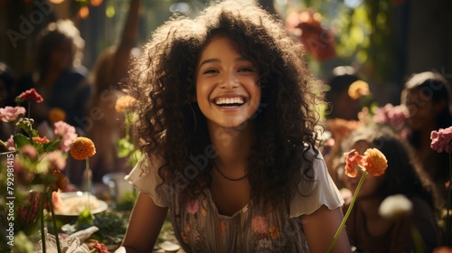 A beautiful young woman with curly hair smiles happily while standing in a garden full of flowers.