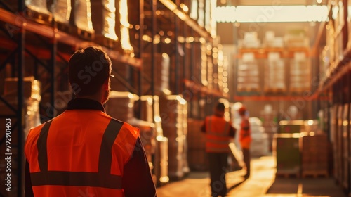 Workers clad in high-visibility vests focus on scanning items, surrounded by the natural hues of an earth-toned warehouse, combining safety with visual harmony, close-up