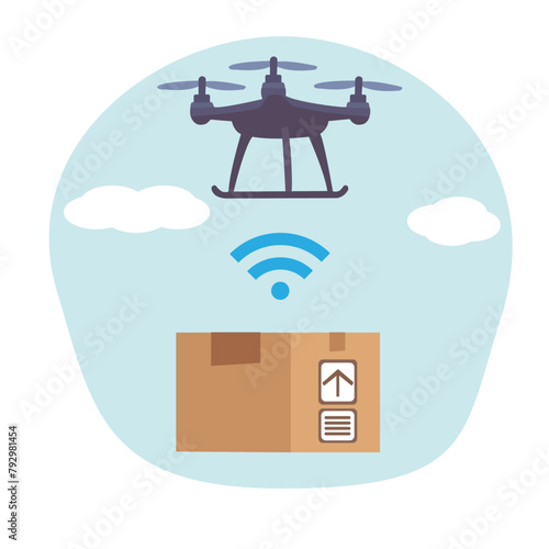 Delivery Service With Drone and cardboard box.