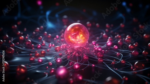 A glowing pink orb hovers over a network of interconnected pink spheres.