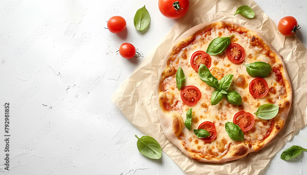 Baking paper with tasty pizza Margarita and basil on white background Baking paper with tasty pizza Margarita and basil on white background