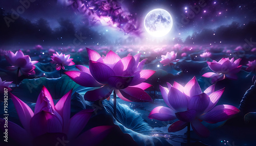 Lunar Blossoms at Midnight
Vivid purple lotuses bloom under the radiant glow of a full moon amidst a starry sky, creating a surreal and tranquil nightscape. photo