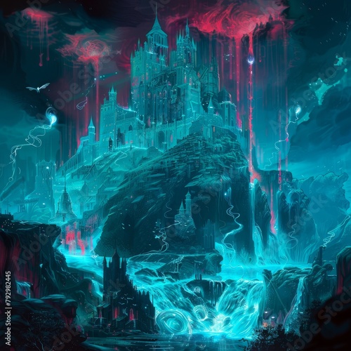 Majestic spectral citadel floating above a mystical landscape  illuminated by shimmering lights