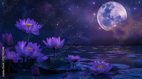Lunar Blossoms at Midnight
Vivid purple lotuses bloom under the radiant glow of a full moon amidst a starry sky, creating a surreal and tranquil nightscape. photo