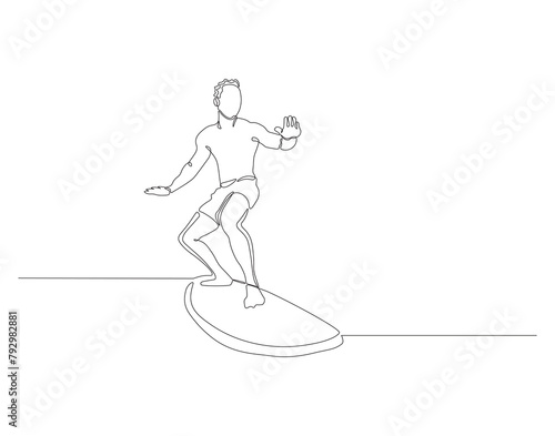 Continuous line drawing of surfer surfing on wave. One line of surfer surfing. Extreme watersport concept continuous line art. Editable outline.

  