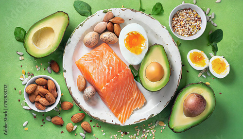 Keto diet concept - salmon, avocado, eggs, nuts and seeds, bright green background, top view © netsay