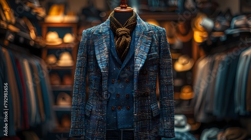 A plaid tweed overcoat in shades of blue and gray, combining classic patterns with modern tailoring