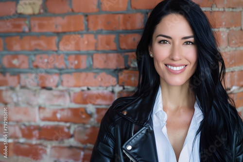 A woman with long black hair is smiling and wearing a black leather jacket